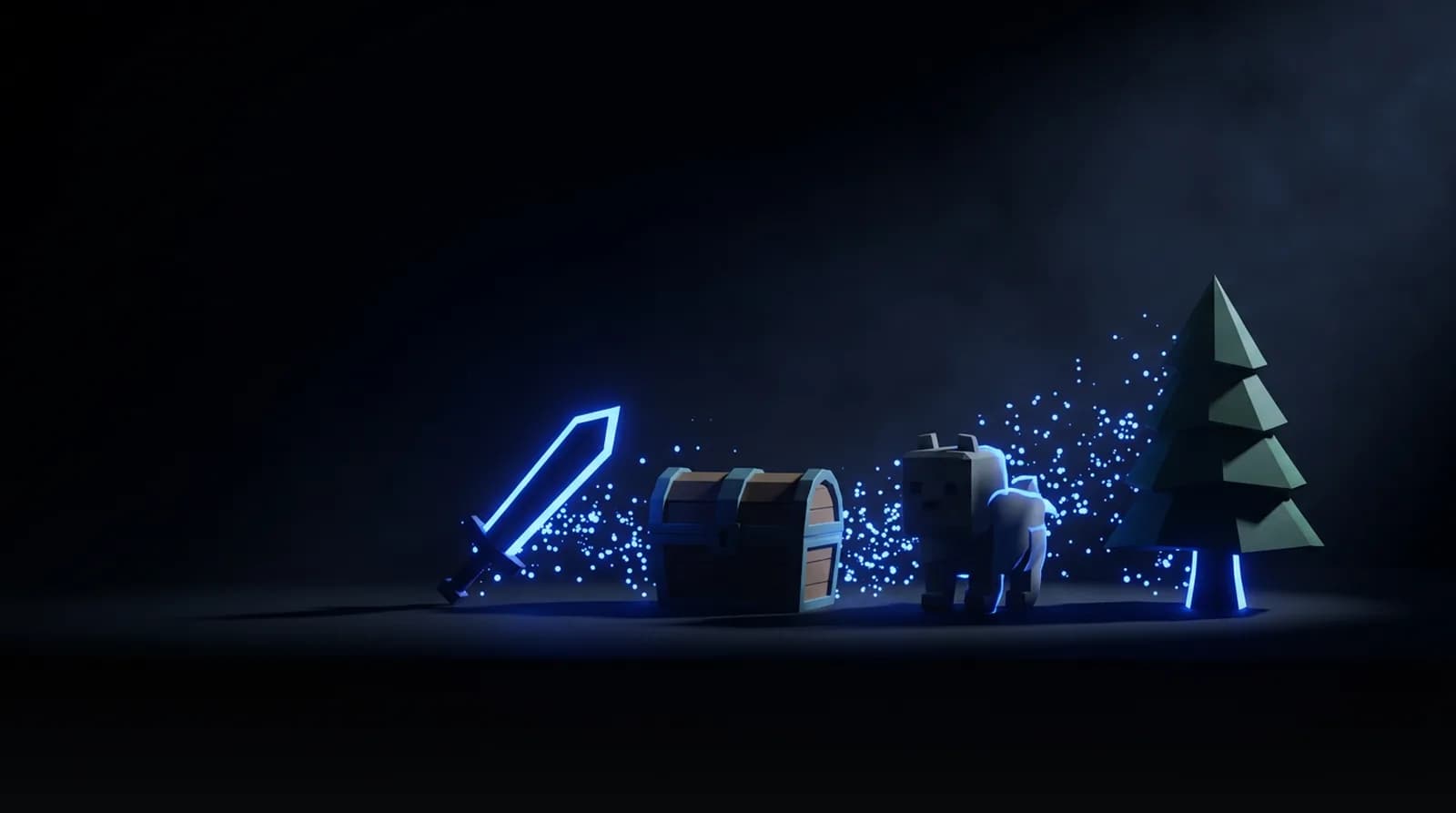 Objets de jeu low-poly se matérialisant à partir de particules bleues