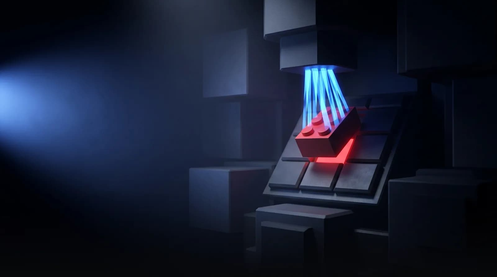 Un bloc défectueux isolé et extrait d'une structure par une lumière bleue