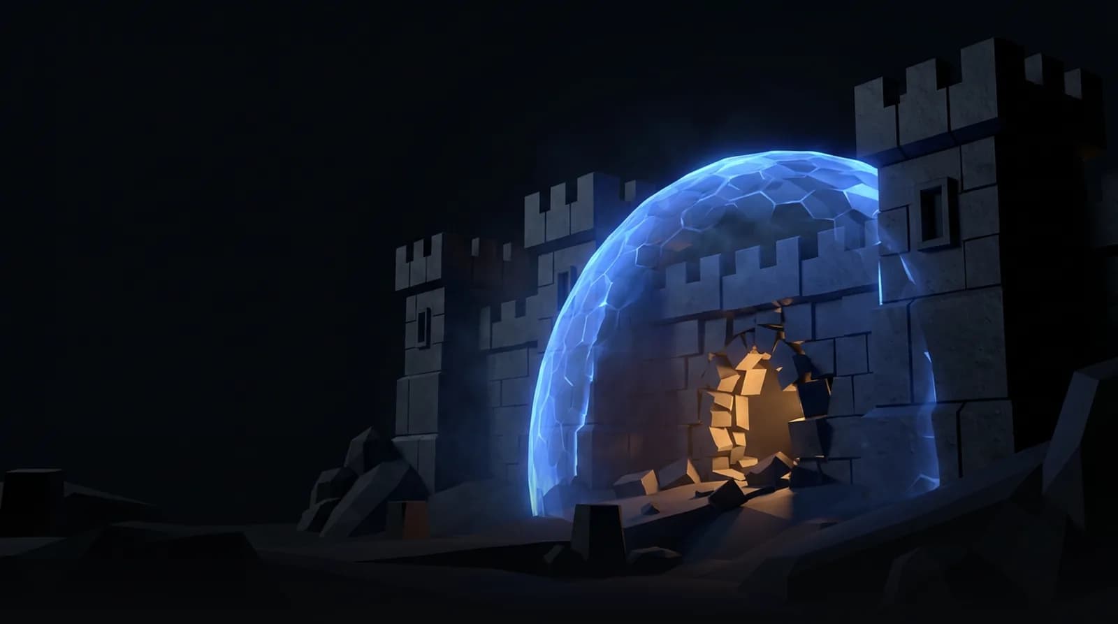 Un mur défensif blocky avec une brèche mise en évidence