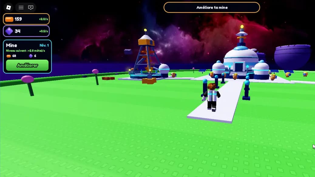 Galaxy Empire, construit par Nemesis : le personnage marche vers le dôme d'une base spatiale, entre une tour de forage et des bâtiments aux lumières bleues, avec l'interface de ressources