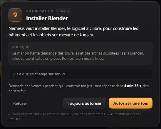 La fenêtre « Autorisation » de Nemesis Desktop : « Installer Blender », la raison de la demande, et les boutons « Refuser », « Toujours autoriser » et « Autoriser une fois »