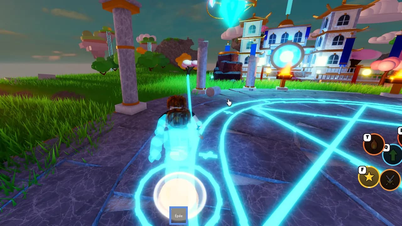 The character dashes into the arena with the blue magic circle, wrapped in a halo, in front of the white and gold temple and its torches