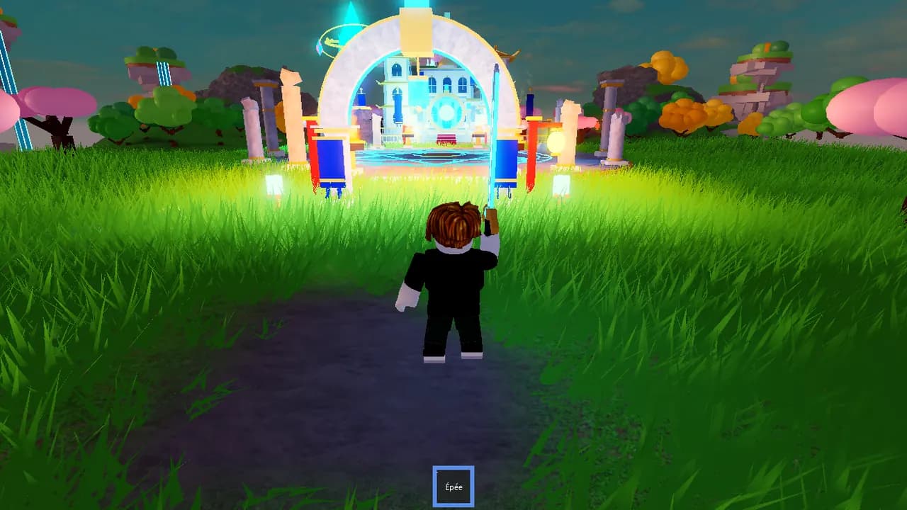 The character, sword in hand, walks along a path through tall grass towards the glowing arch of the temple, between pillars and pink and orange trees