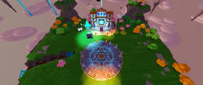 Top-down view of the Lames Célestes magic-circle arena and temple