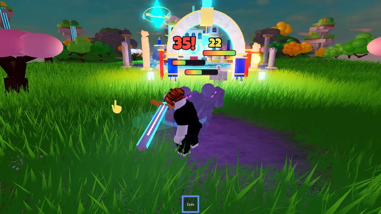 Fight against two purple stone guardians: health bars and damage shown above them, glowing blue sword