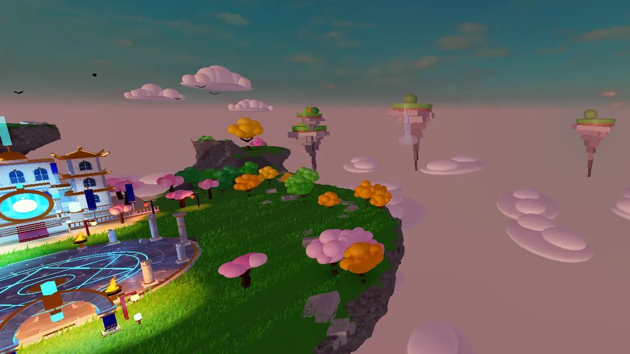 Wide view of the floating island at sunset: the temple, the arena, colourful trees and other small islands in a sea of pink clouds