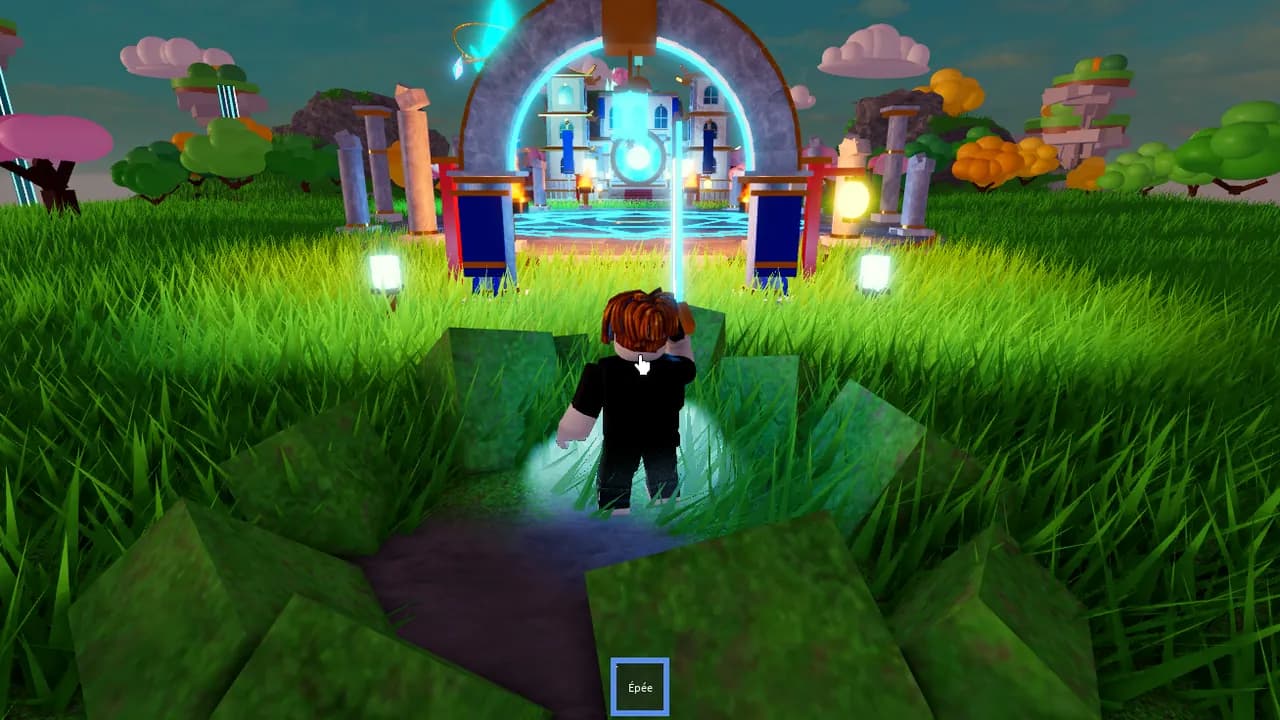 An earth power: blocks of grass rise in a circle around the character, in front of the temple