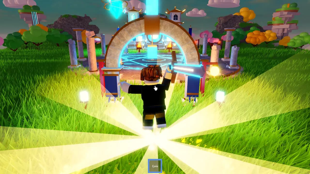 A light power: yellow rays burst around the character, sword raised in front of the temple arch
